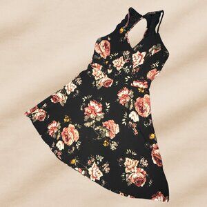 blu.pepper Black Floral Dress – Sleeveless Fit & Flare with Lace Racerback (S)